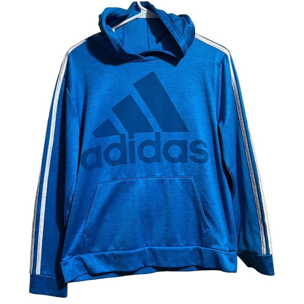 Boys Youth ADIDAS Blue Long Sleeve Hoodie Pull Over Sweatshirt Sz L 14/16
